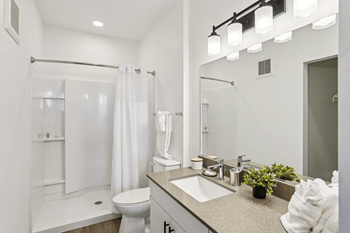 A bathroom with a white toilet, sink, and shower.
